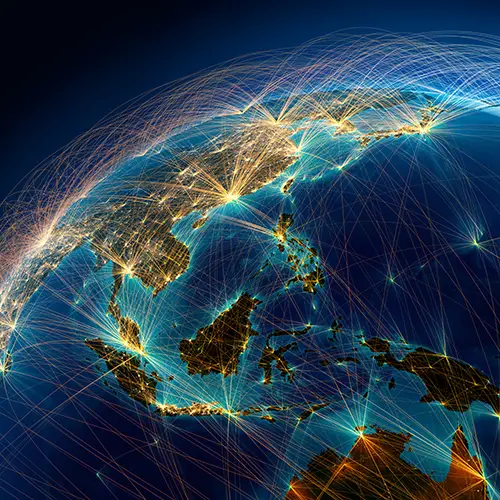 The earth with interconnecting arcs in squared format.